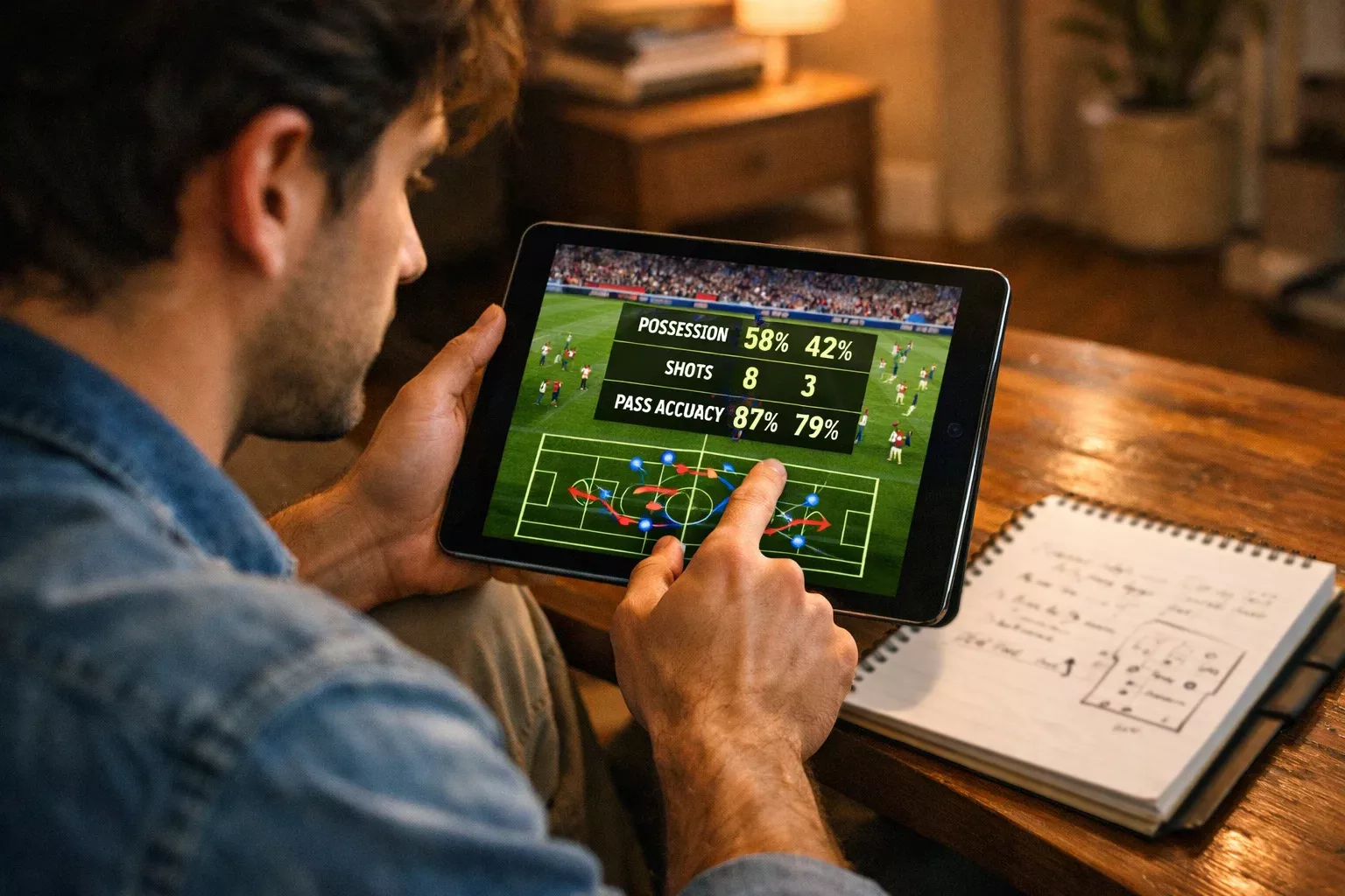 Persona che analizza una partita di calcio su tablet