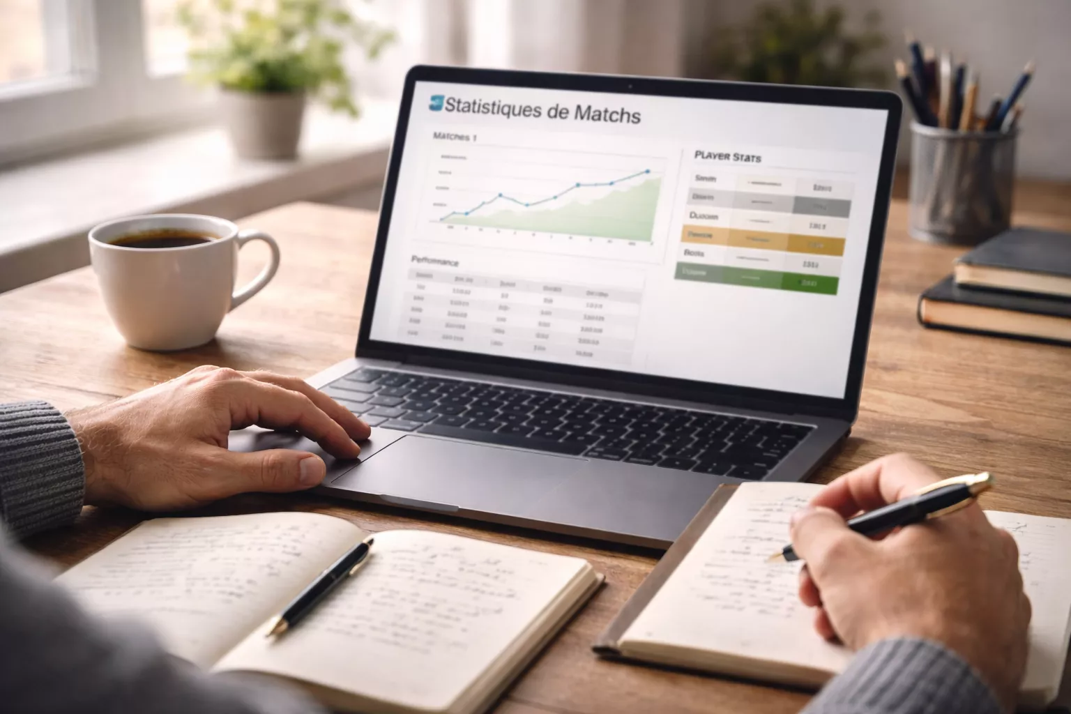 Persona che analizza dati su un laptop con appunti e penna