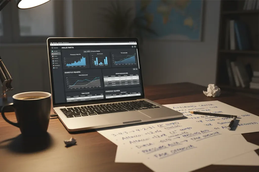 Scrivania con laptop aperto su pagina di statistiche calcio e appunti scritti a mano
