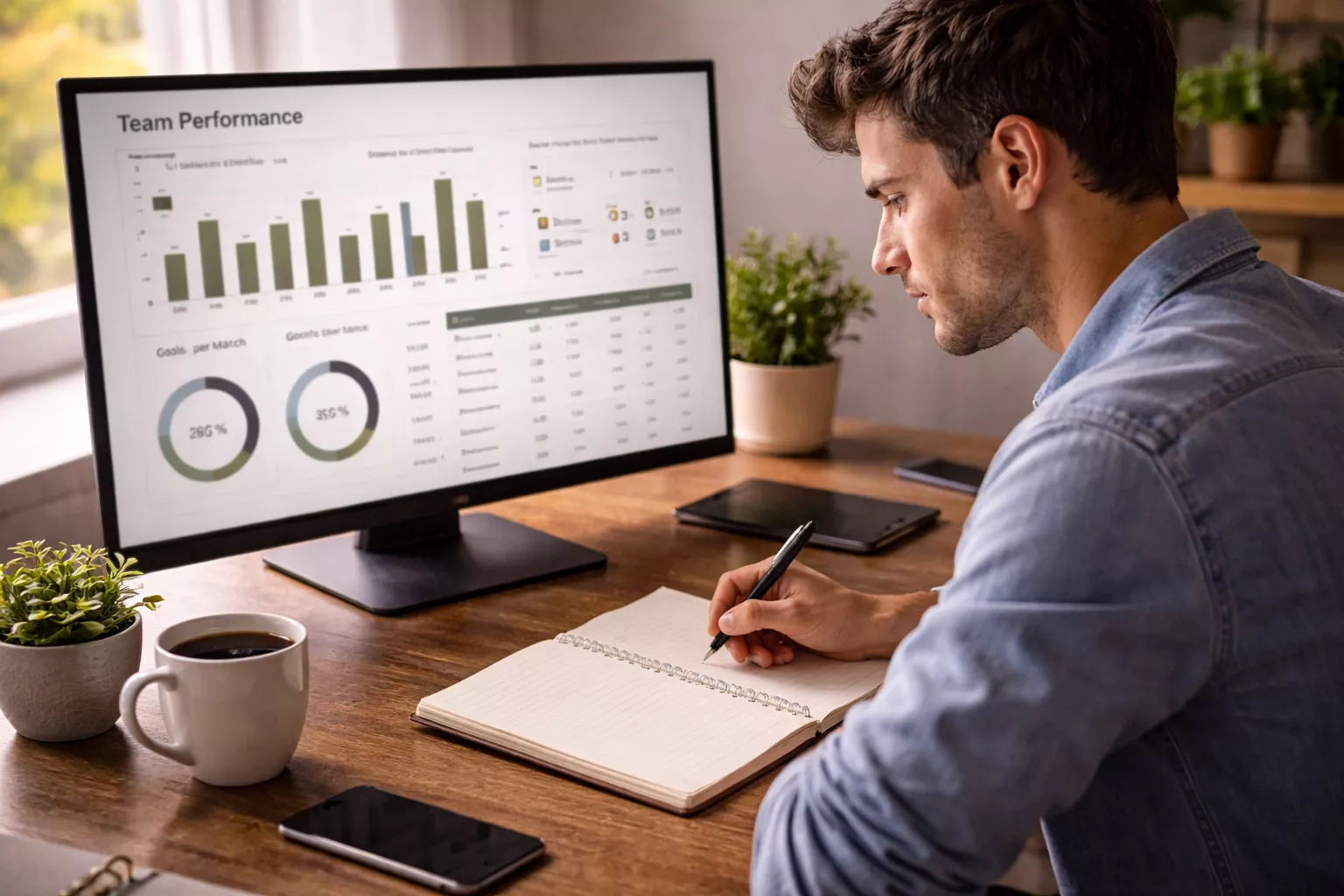 Analista studia statistiche di calcio su schermo