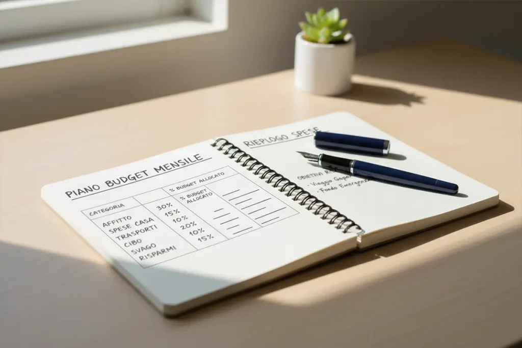 Blocco note con piano di gestione budget e una penna su una scrivania ordinata