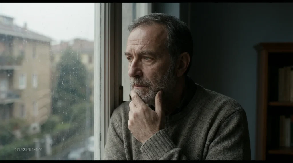 Uomo pensieroso con la mano sul mento che riflette davanti a una finestra