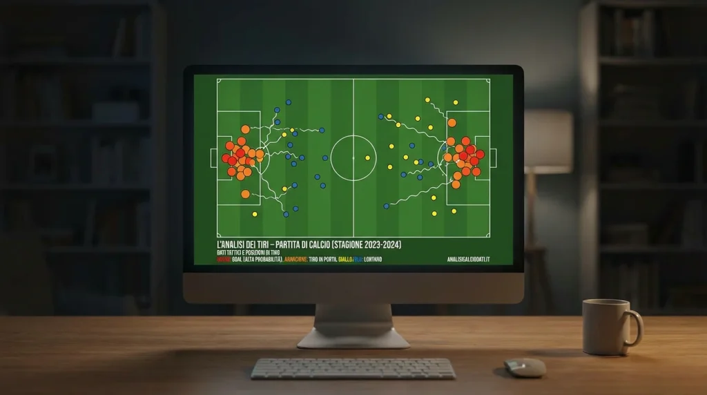 Mappa di un campo da calcio con punti colorati che indicano le posizioni dei tiri