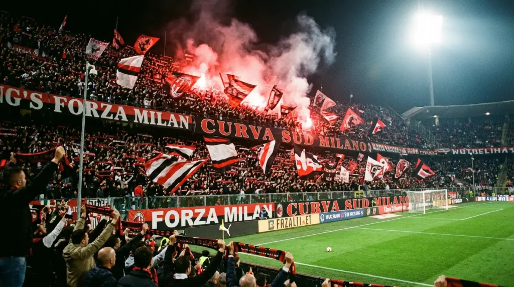 Curva di tifosi italiani che sostengono la squadra di casa con bandiere e sciarpe