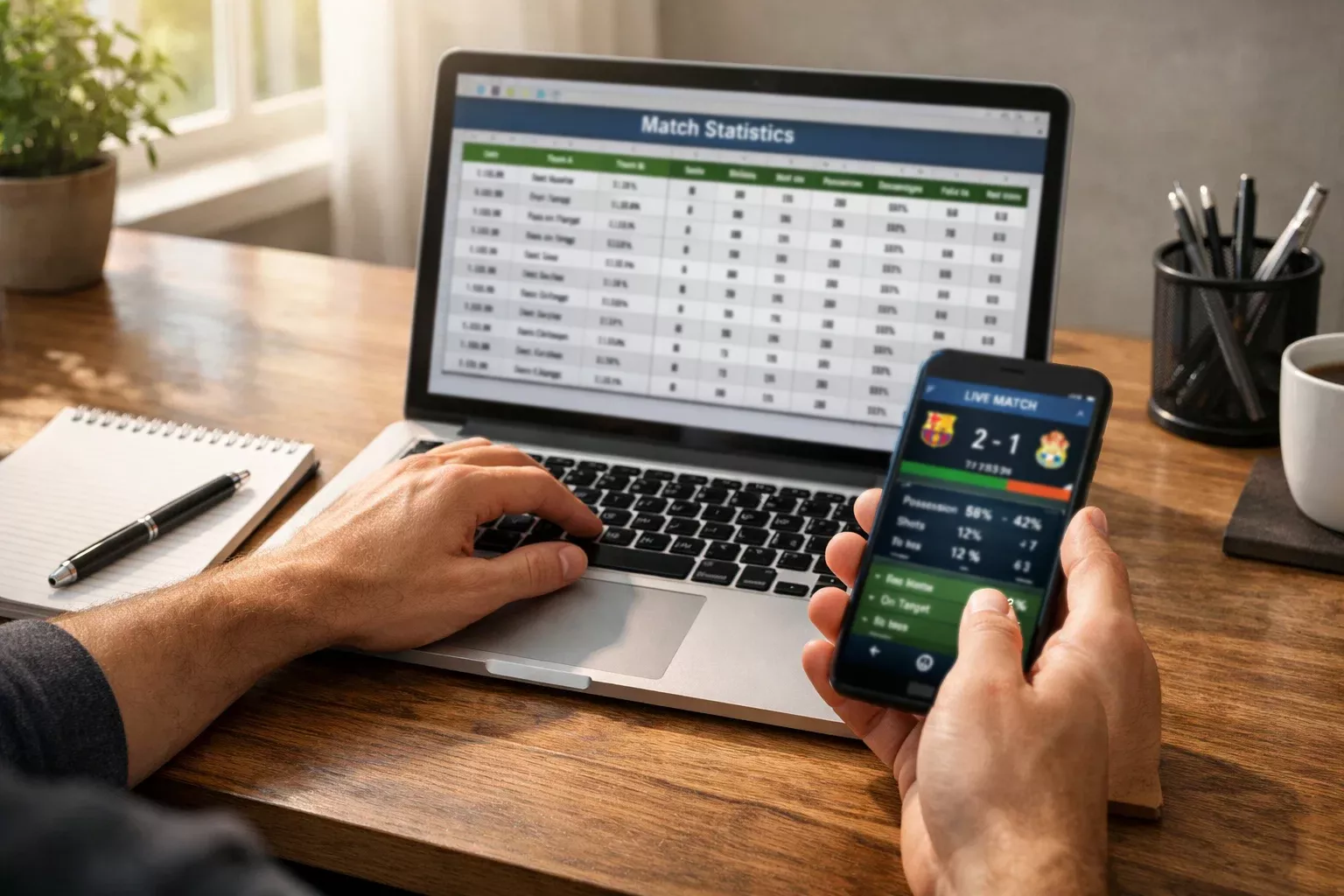 Persona che segue statistiche di calcio su più dispositivi