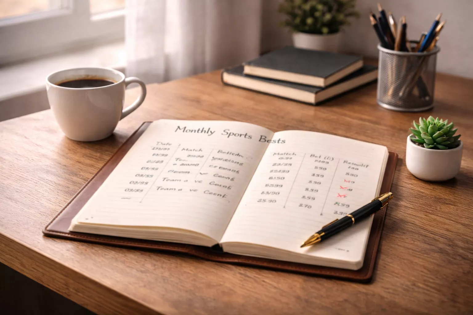 Scrivania ordinata con quaderno aperto, penna e tazza di caffè per la pianificazione