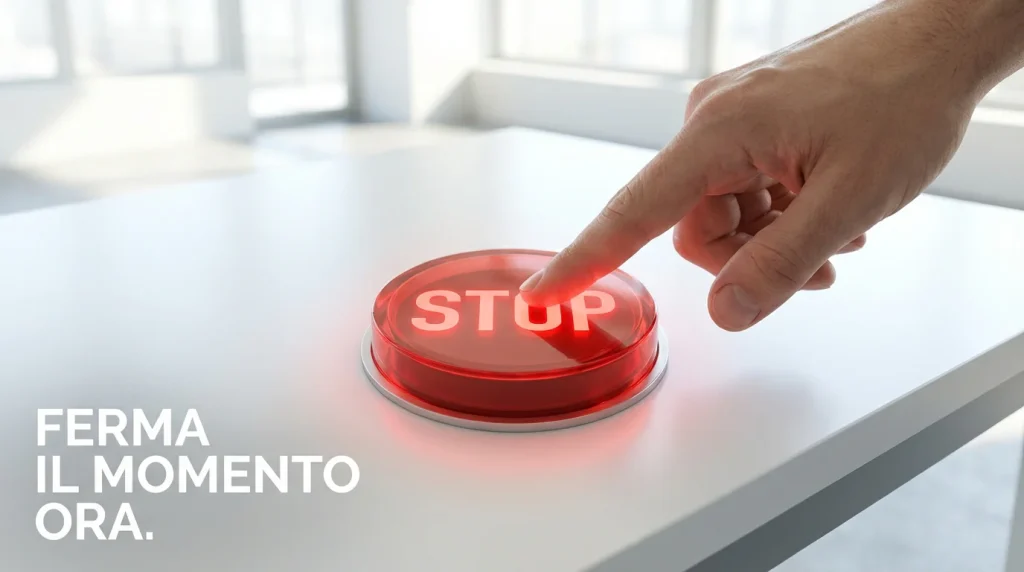 Mano che preme un pulsante di stop simbolico su una superficie luminosa