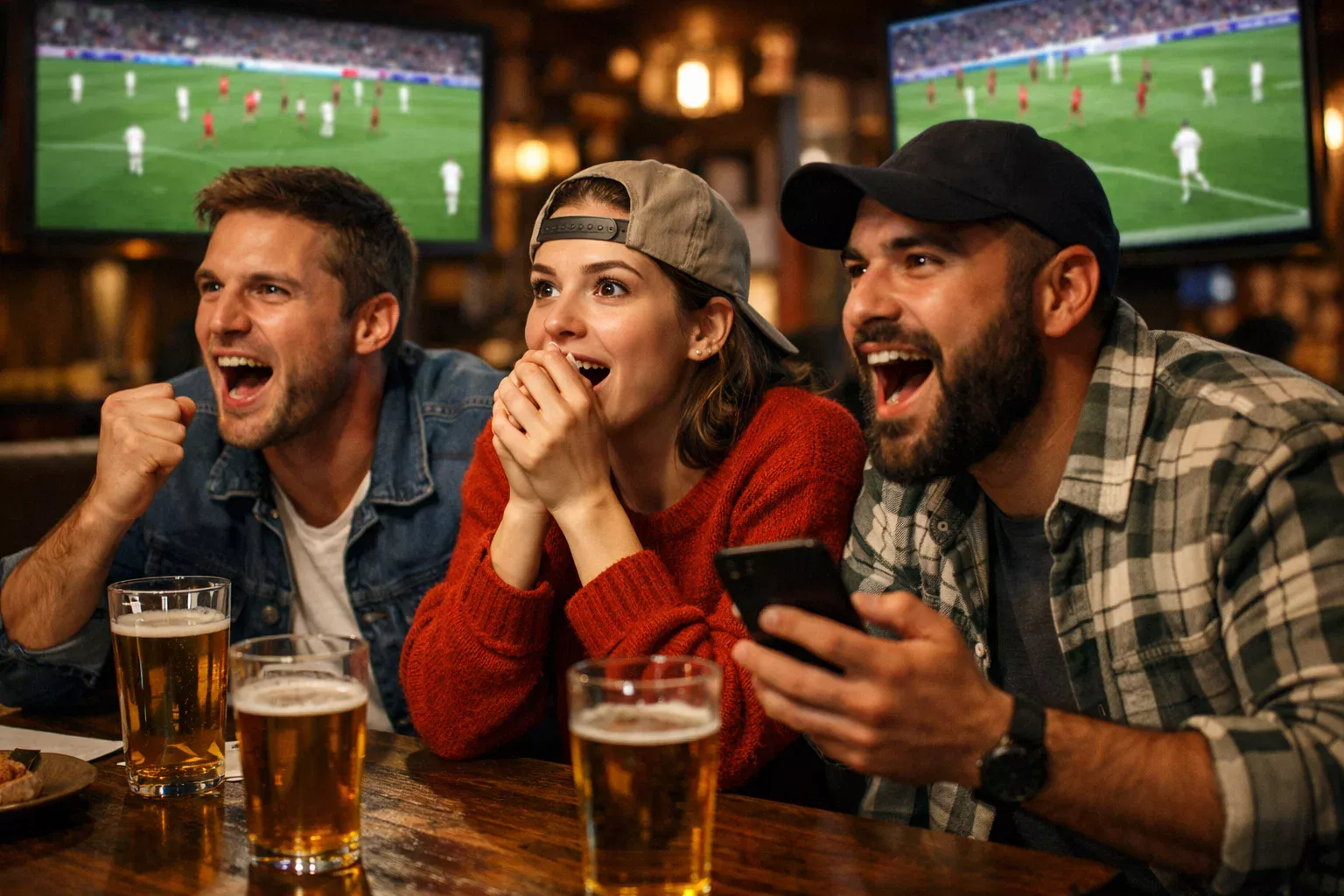 Gruppo di amici guarda partita di calcio dal vivo