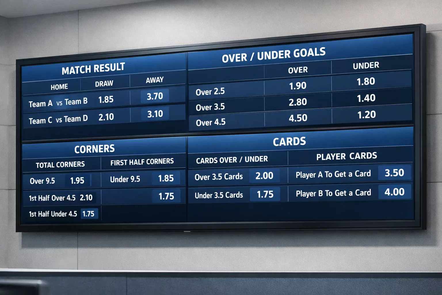 Diversi mercati di scommesse sportive su un display digitale