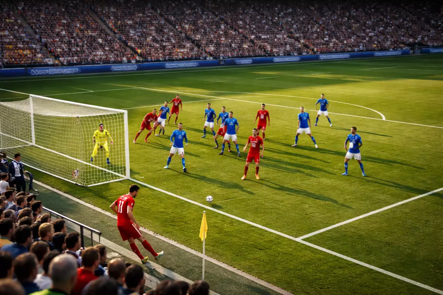 Partita di calcio su campo in erba con giocatori in azione vista dalle tribune