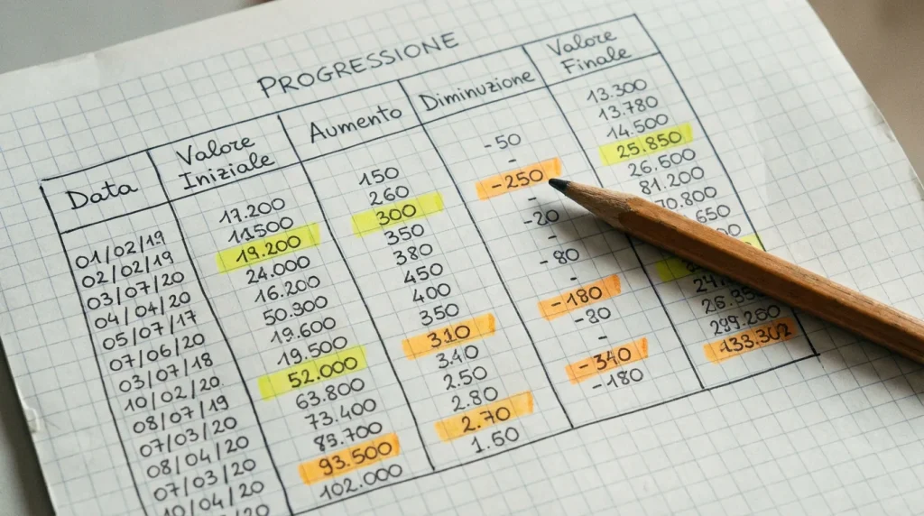 Tabella di progressione scritta su un foglio a quadretti con numeri crescenti