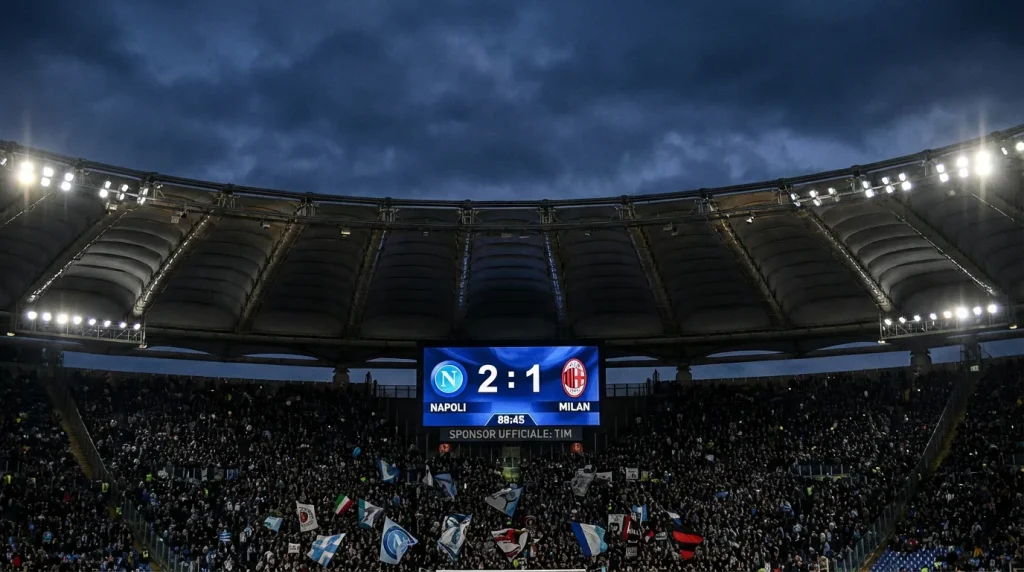 Tabellone elettronico di uno stadio che mostra il risultato di una partita di calcio