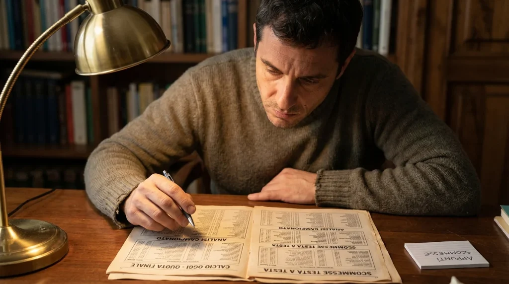 Uomo concentrato analizza quote sportive su fogli di carta con una penna in mano