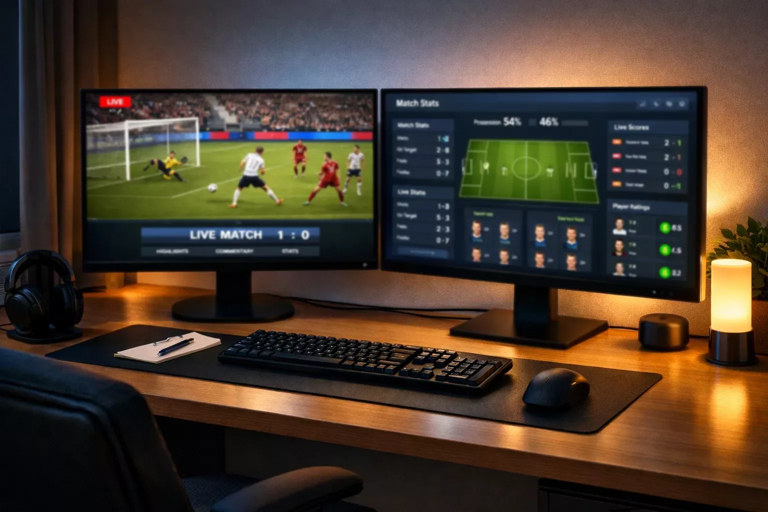 Postazione con computer e smartphone per seguire partite live