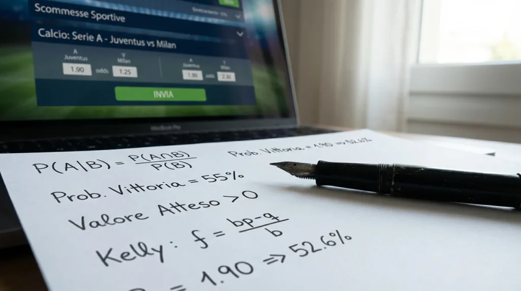 Primo piano di un foglio con formule di probabilità e una penna accanto a un laptop