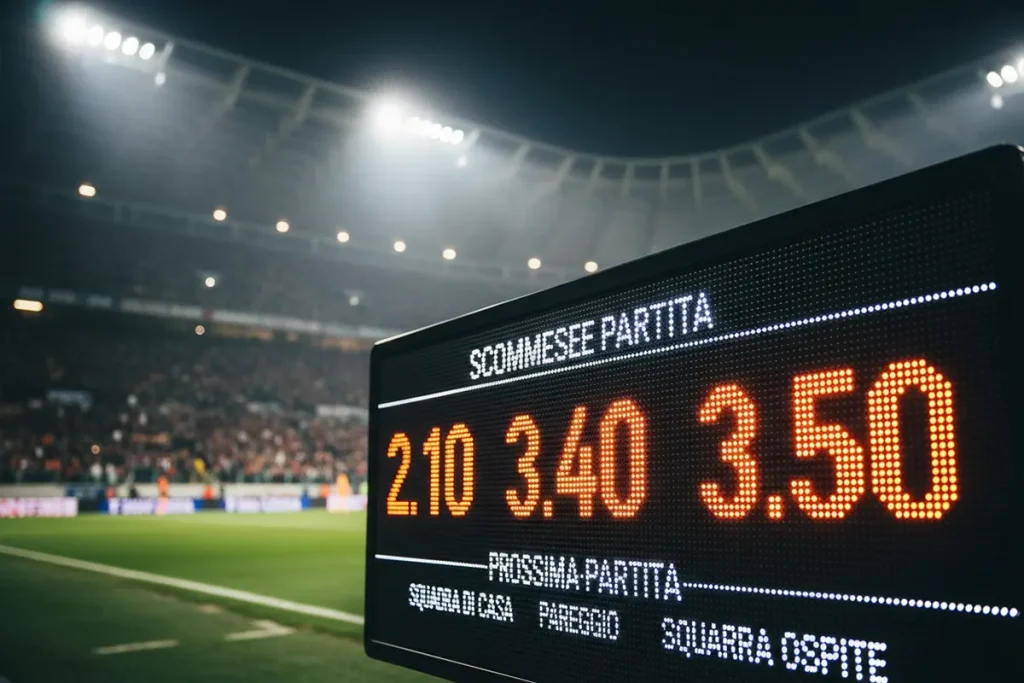Tabellone luminoso con quote calcistiche in uno stadio durante una partita serale
