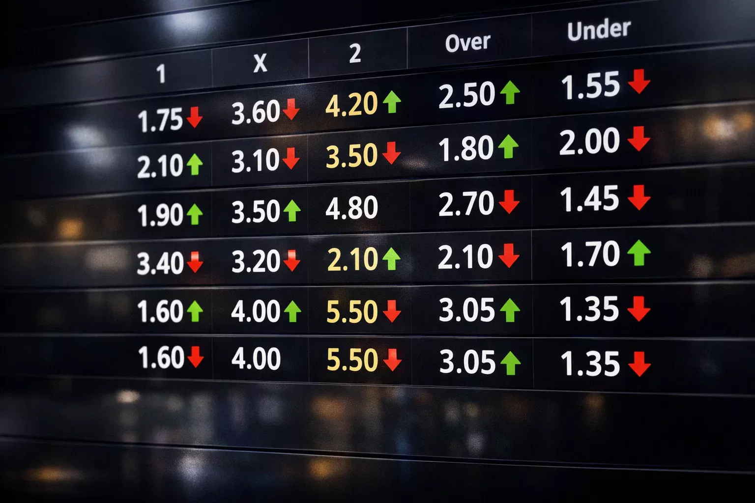 Schermo con quote di scommesse che cambiano in tempo reale