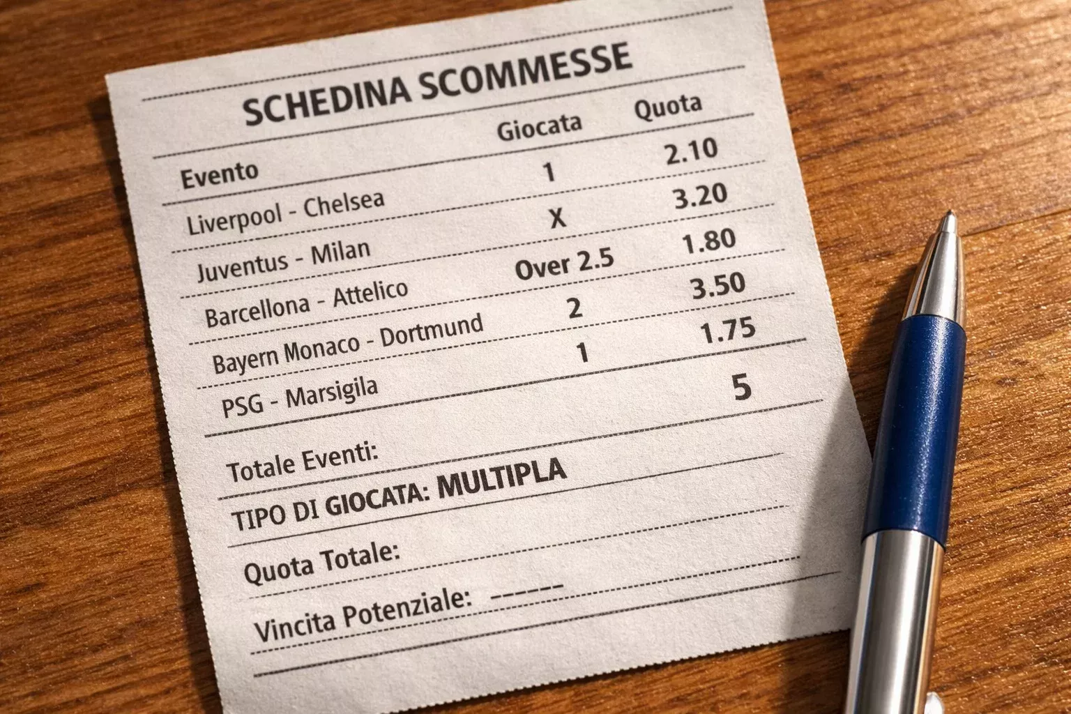 Ricevuta di schedina multipla con diverse selezioni