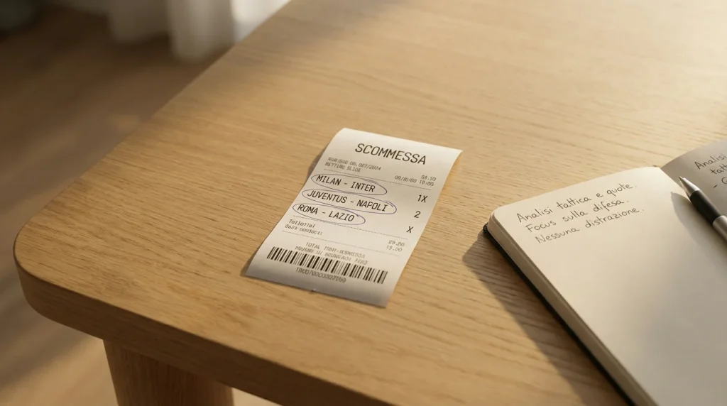 Schedina di scommesse con poche selezioni evidenziate su un tavolo ordinato