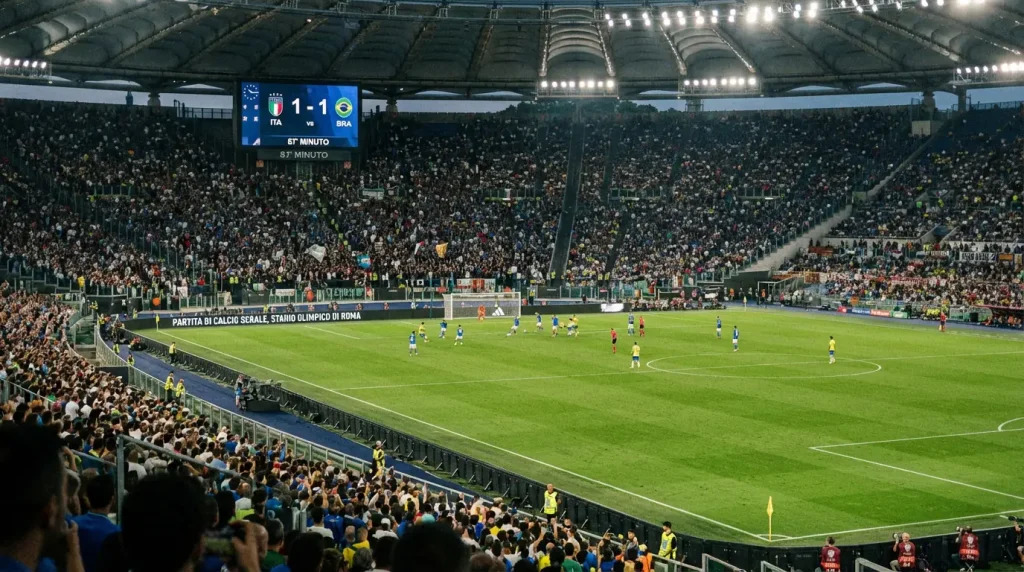 Partita di calcio vista dalla tribuna con il tabellone segnapunti visibile sullo sfondo