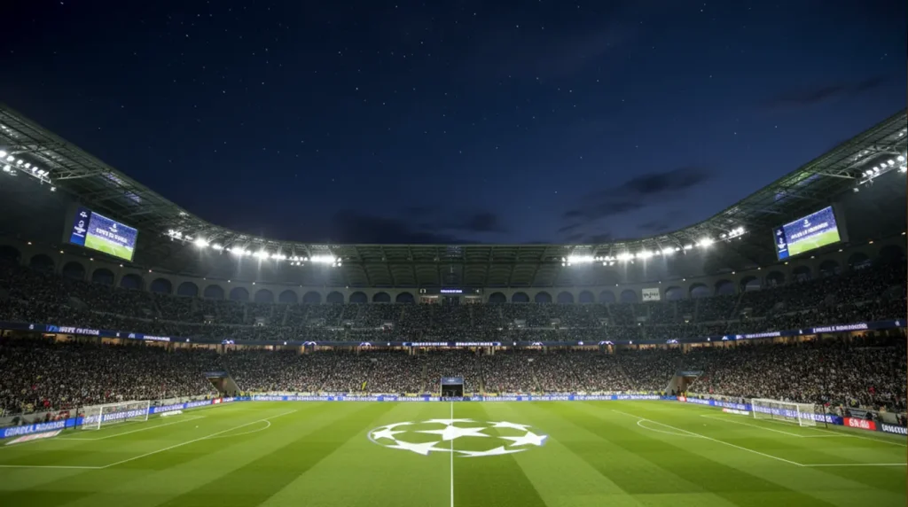Campo da calcio illuminato di notte con lo stemma della Champions League proiettato sul prato
