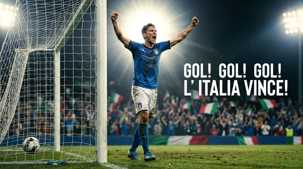 Attaccante di calcio che esulta dopo un gol sotto i riflettori dello stadio