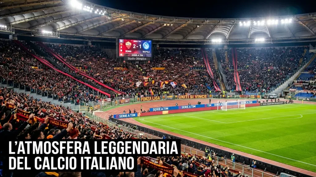 Stadio italiano di Serie A pieno di tifosi durante una partita serale
