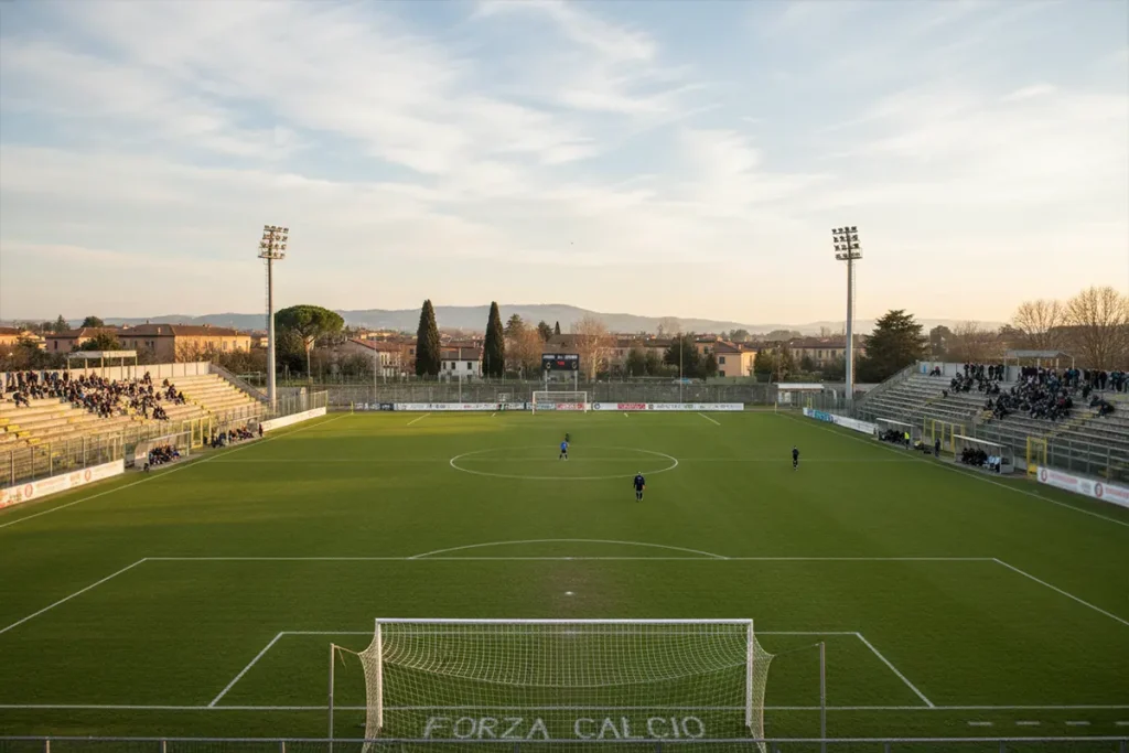 Piccolo stadio di calcio di provincia con tribune parzialmente occupate e campo in erba