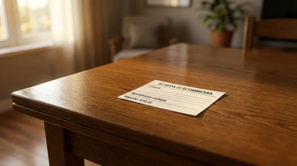 Un singolo biglietto di scommessa su un tavolo di legno pulito illuminato da luce naturale