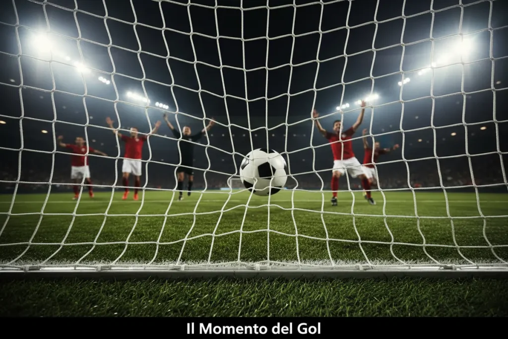 Rete di una porta da calcio vista da dietro con il pallone che entra in porta