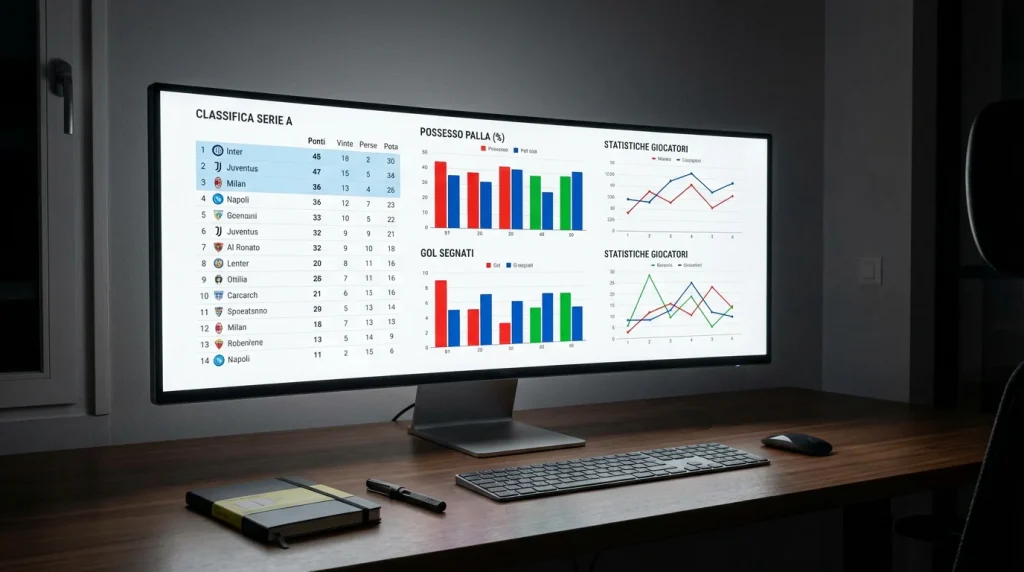 Schermo di computer con grafici e tabelle di statistiche calcistiche