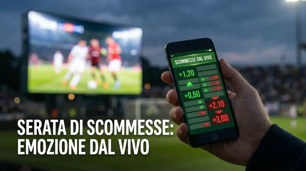 Smartphone che mostra quote live durante una partita di calcio in uno stadio