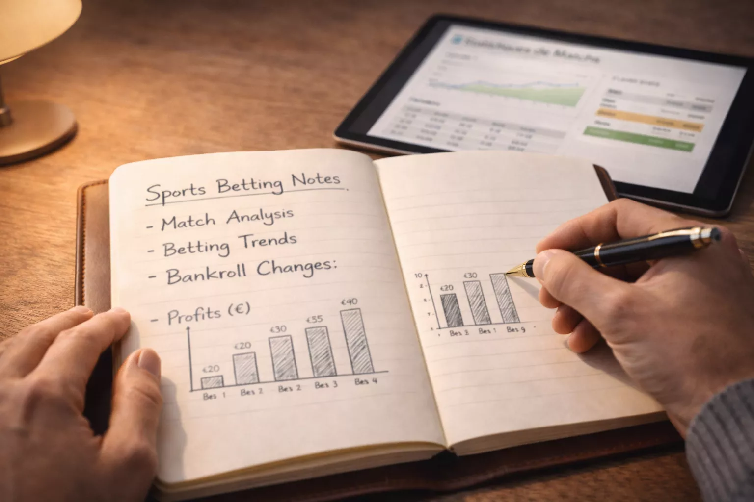 Mano che scrive note su un blocco appunti con grafici a barre semplici