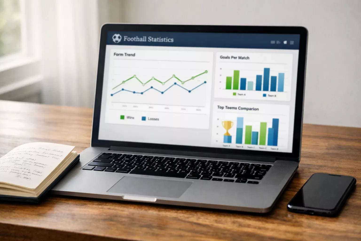 Schermata con grafici e statistiche calcistiche