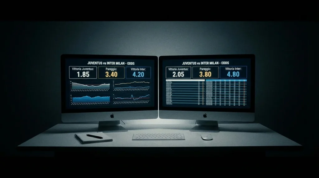 Due schermi di computer affiancati che mostrano quote diverse sullo stesso evento