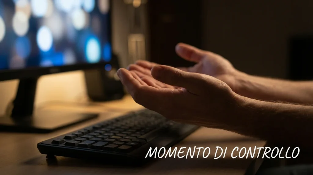 Mani che si allontanano dalla tastiera di un computer in un gesto di pausa