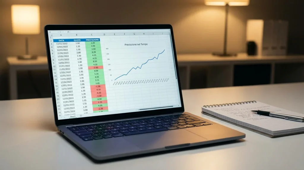 Schermo di laptop con un foglio di calcolo per il tracking delle scommesse