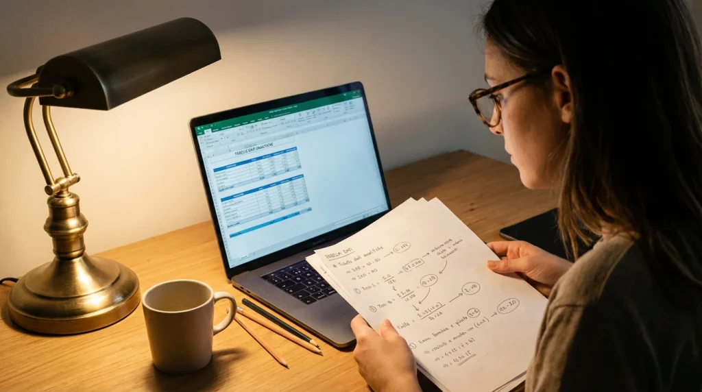 Persona che confronta dati statistici su un notebook e un foglio di appunti